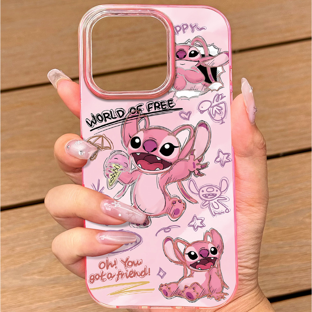 เคสโทรศัพท์ลายเย็บสีฟ้าและชมพูแบบใส ใช้ได้กับ iPhone13Pro/11/12ProMax/14/15/16 เคสใสคุณภาพสูง ป้องกันเลนส์จากการตกกระแทก