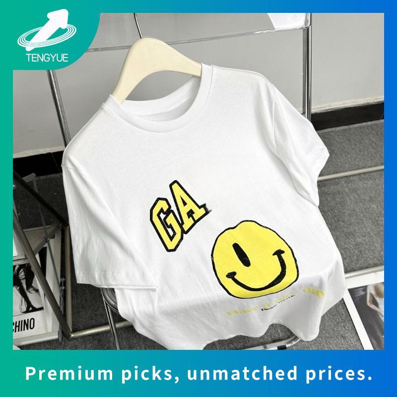 3PQA GANNI 2024 ฤดูใบไม้ผลิฤดูร้อนสไตล์ใหม่ตัวอักษรคลาสสิกสีเหลือง Distressed พิมพ์ยิ้มรอบคอหลวมแขนส