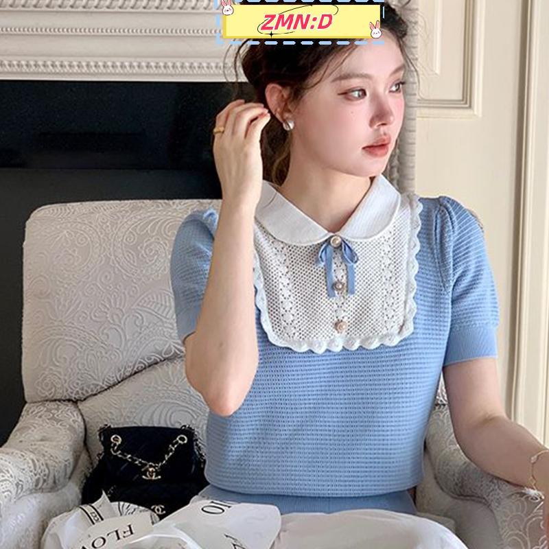 ZMN:D ฝรั่งเศสโบว์หวานตุ๊กตาคอปกแขนสั้น Patchwork Hollow Casual ถักเสื้อกันหนาวสําหรับผู้หญิง RRT