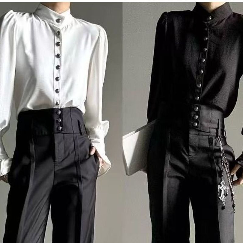 เสื้อเชิ้ตสีขาวเอ๋เซนชิ ดีไซน์คอปกสูงในสไตล์ฝรั่งเศส