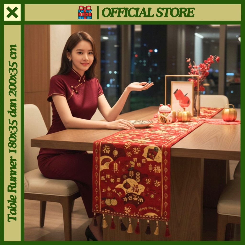 Table Runner Premium Luxury Red Gold Oriental Series ตรุษจีน CNY Imlek 180x35 และ 200x35 ซม. - ศูนย์