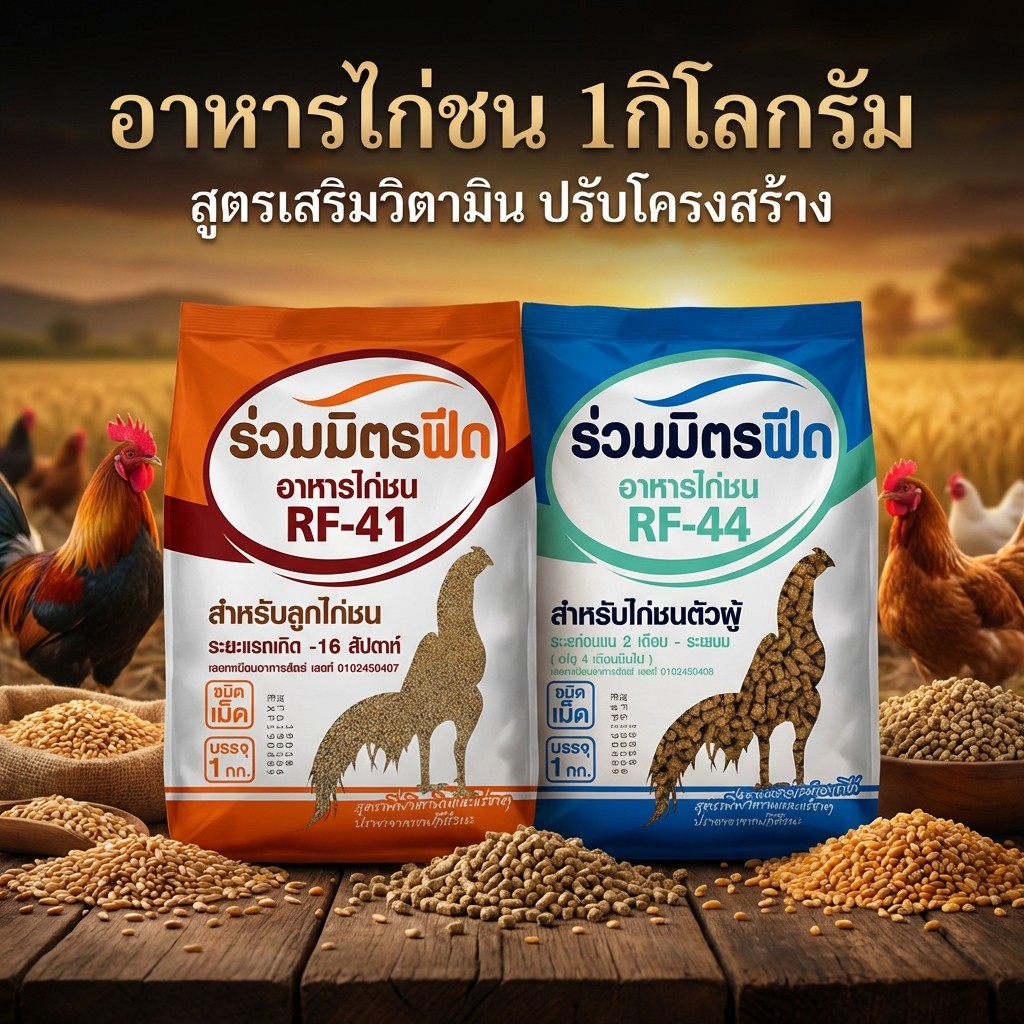 [1กก] อาหารไก่ชน RF อาหารไก่ มีทุกช่วงวัย เสริมสร้างกล้ามเนื้อและกระดูก ขนสวย หน้าแดงสด สุขภาพสมบูรณ์ แข็งแรง