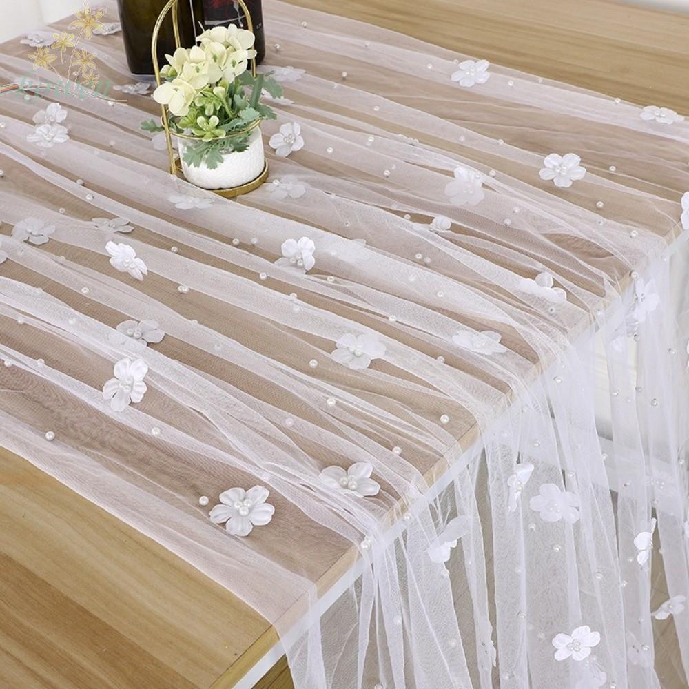 KOWEN ผ้าปูโต๊ะมุกดอกไม้, Elegant Pearl Embellishments นักวิ่งตารางยาวตกแต่งโรแมนติกกึ่งโปร่งใส Tulle ผ้าปูโต๊ะผ้าวันเกิด Party