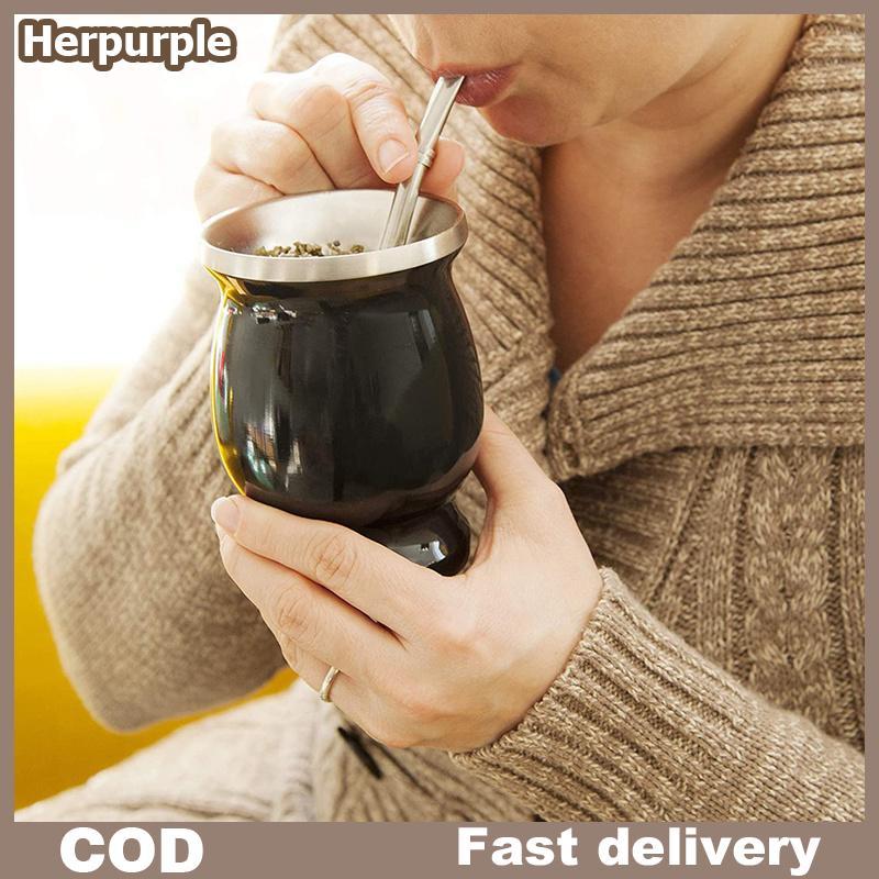 Herpurple Yerba Mate Gourd Set Double-Wall Stainless Steel Mate Tea Cup and illa Set TH