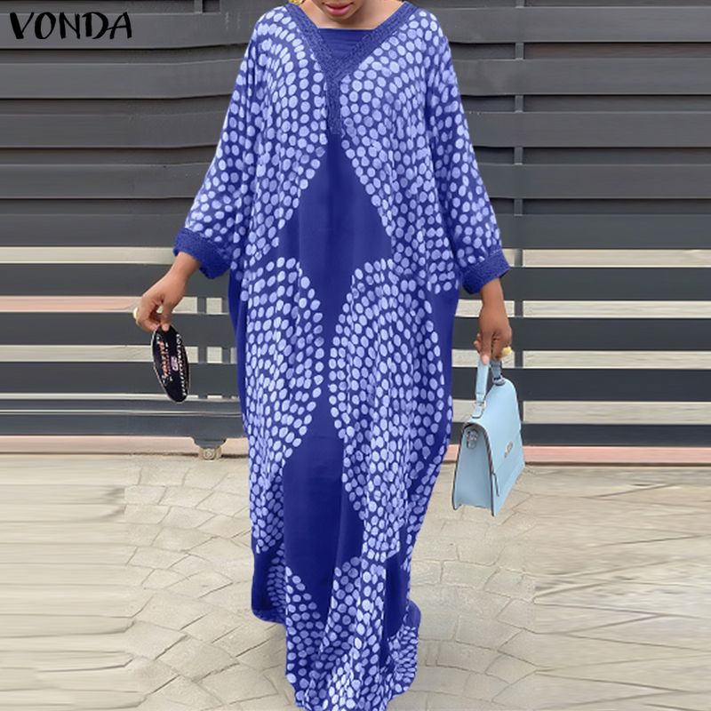 VONDA ชุดเดรสแม็กซีทรงหลวมสำหรับผู้หญิง สไตล์วินเทจพริ้นท์ดอต คอวีแขนยาว — صورة 5