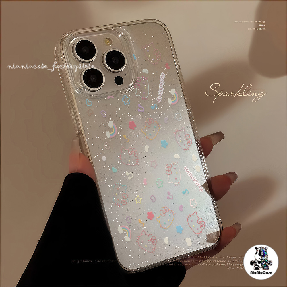 เคส For iPhone 16 เคสไอโฟน11 เคสใสแบบแวววาว แมว KT สายรุ้ง การ์ตูนสีสันสดใสน่ารัก For iPhone15 14 13 12 11 Pro max Plus