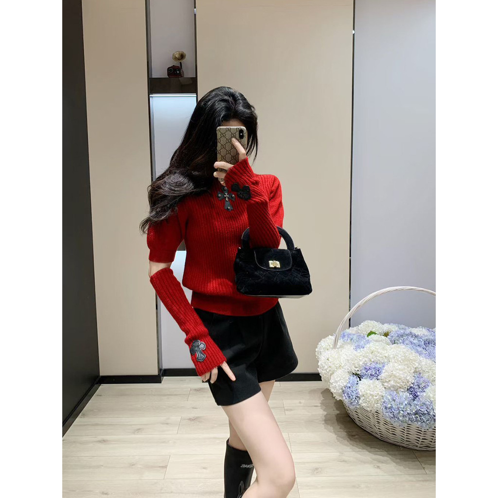 0GVW Chrome Hearts Pure Desire Cross หนังป้ายคอเต่าเสื้อกันหนาวชุดแขนเสื้อผู้หญิงอินเทรนด์ภาษาฝรั่งเ