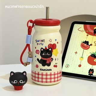 กระบอกน้ำสแตนเลส ดูดเหมียว 500ml แก้วดูดลายแมวดำ น่ารักสุดๆ สำหรับผู้หญิง เด็กนักเรียน เก็บอุณหภูมิ