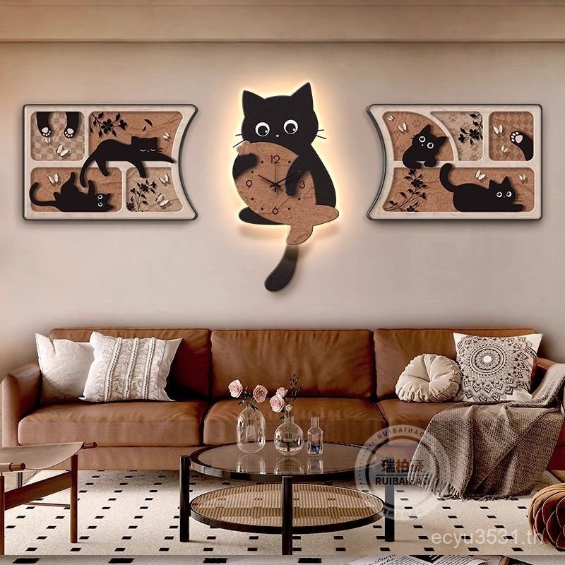 High-End ฝรั่งเศสภาพวาดตกแต่งแมว Wall Sense ห้องนั่งเล่นนาฬิกาโซฟาภาพวาดภาพวาดพื้นหลังผนังสไตล์ยุคกล