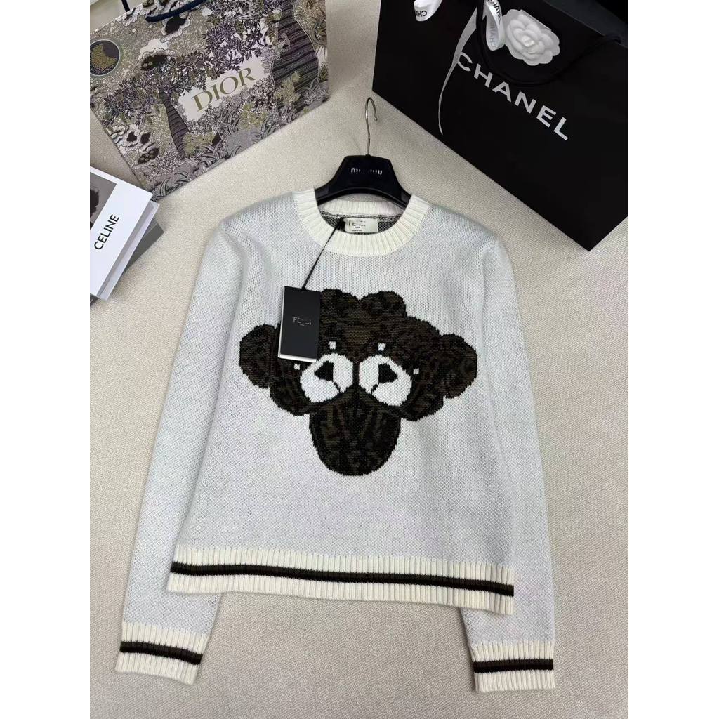 F0TO FD* New Round Neck Knitted Pullover Color-Block Jacquard Bear Design Versatile Fashionable
