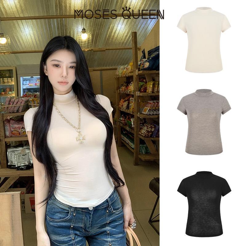 MOSESQUEEN Semi-turtleneck Slim-Fit สวมใส่สบายในหน้าร้อน กับเสื้อยืดแขนสั้นแบบโปร่งแสง #62947