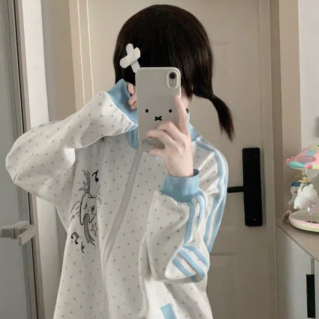 เสื้อกันหนาวสีดําสองมิติสาวร้อนแขนยาวแจ็คเก็ตซิปผู้หญิงน่ารักเอเชียวัฒนธรรมเสื้อผ้าออกแบบบ้านน่ารักฤ