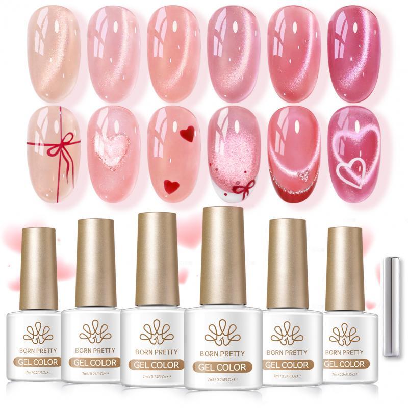 BORN PRETTY 6 ชิ้น Peach Coral Sea แก้วลูกปัดแมวแม่เหล็กเล็บเจลโปแลนด์ชุดสีชมพูชุดเจลแม่เหล็ก