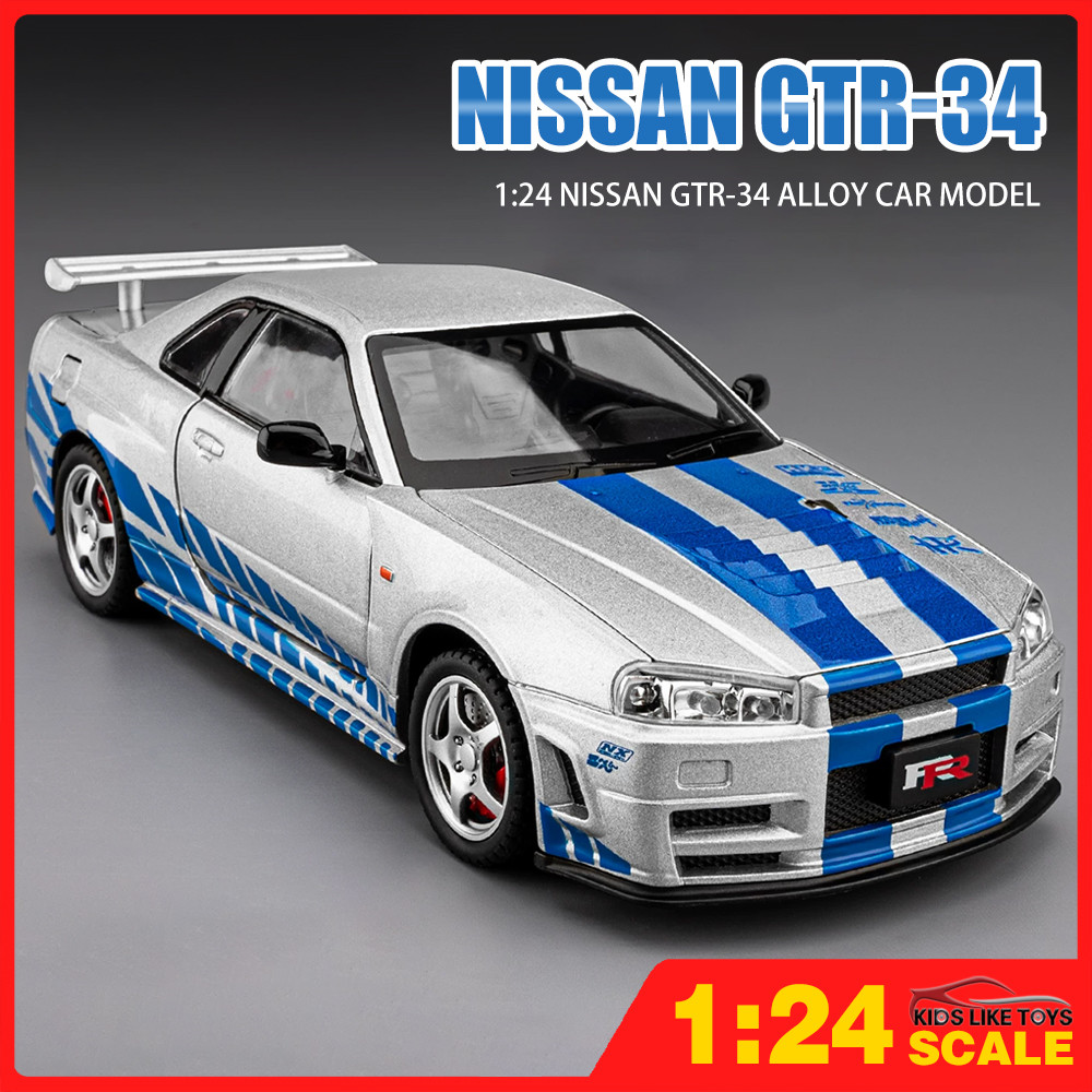KLT 1:24 Nissan GTR R34 โมเดลรถเหล็กรถโลหะผสมของเล่นของขวัญสําหรับเด็กเด็กผู้หญิง