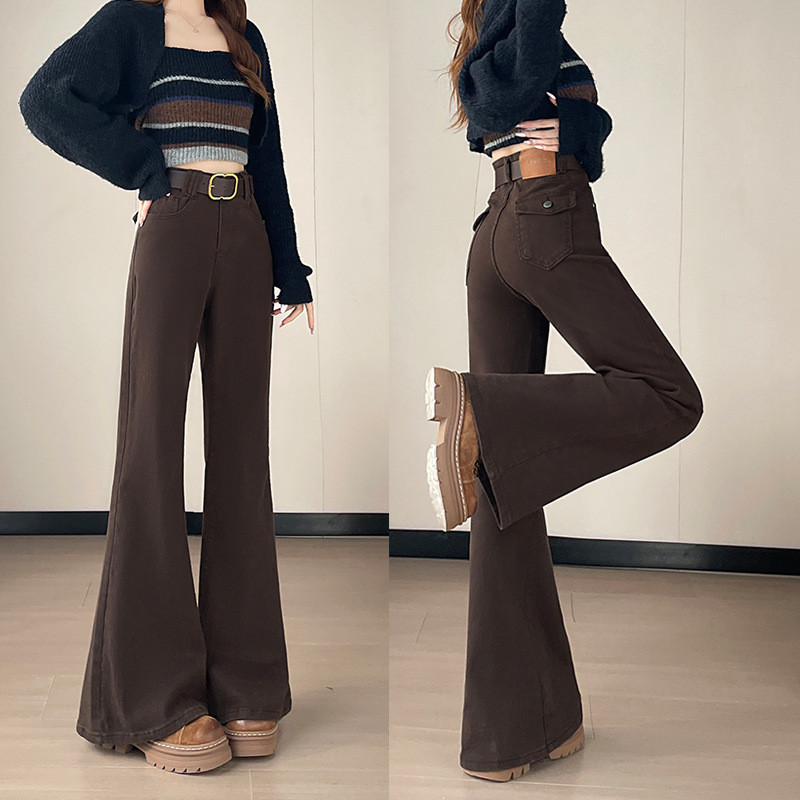 กางเกงยีนส์สีน้ำตาลขากว้างเอวสูง ทรงหลวมไม่รัดขา สำหรับคนตัวเล็ก ใส่เที่ยวสบาย Closet Diary