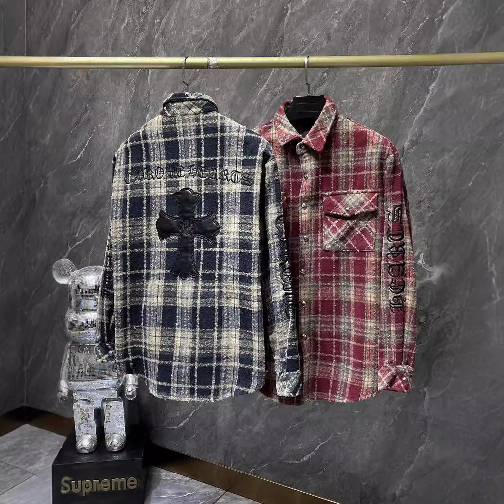HB8Q Chro*CH 24ss New Flannel Plaid Shirt with Pocket Decoration and Back Letter Embroidery logo Lea