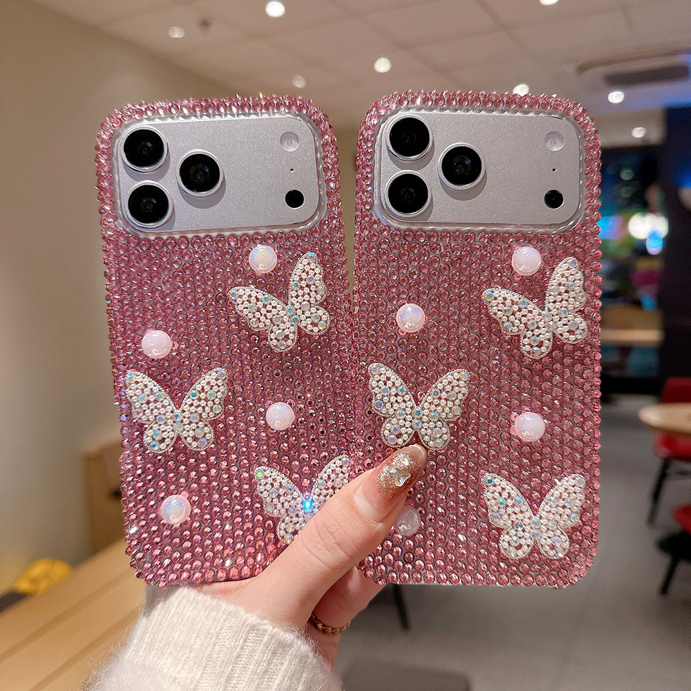 แฟชั่นน่ารักสีชมพู Rhinestone เคสโทรศัพท์สําหรับ IPhone 17 Pro Max 17promax 16 ProMax IP 15 Pro Max 