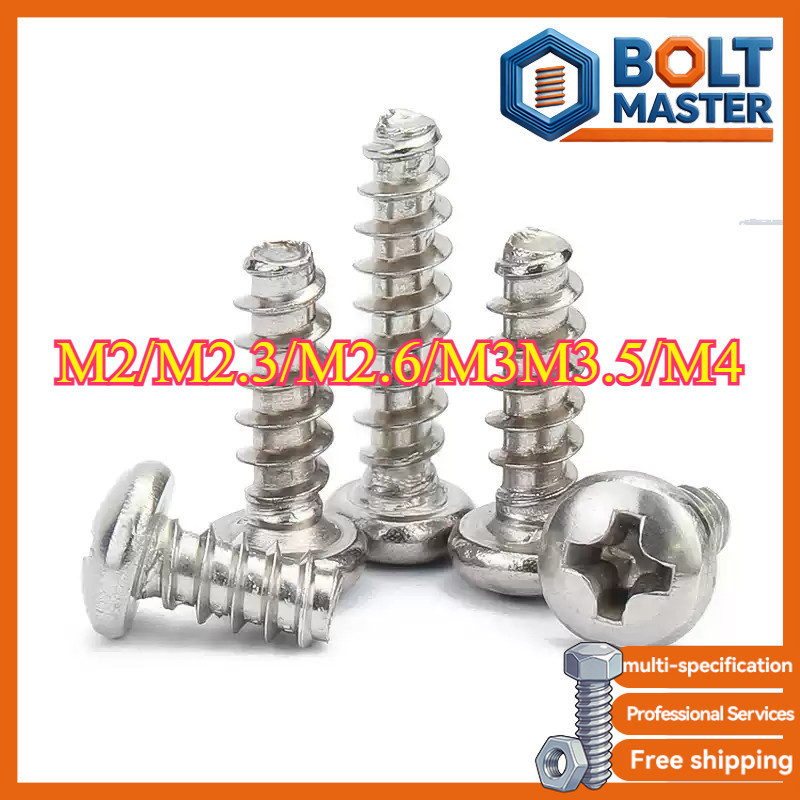 304 สแตนเลสสตีลหัวกลมหางแบนแตะตัวเองสกรูขนาดเล็กอิเล็กทรอนิกส์หัวกระทะสกรูไม้ M2/M2.3/M2.6/M3M3.5/M4
