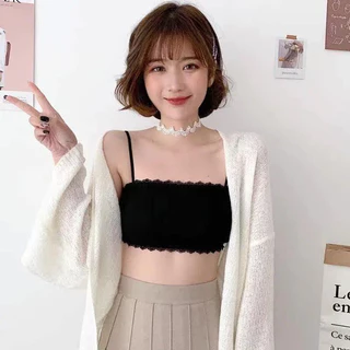 สายเดี่ยว ทรงเกาะอก ขอบลูกไม้ ผ้าร่องยืดตามตัว ฟองน้ำถอดได้ ตะขอหลัง เสื้อชั้นในบราครึ่งตัว FZ048