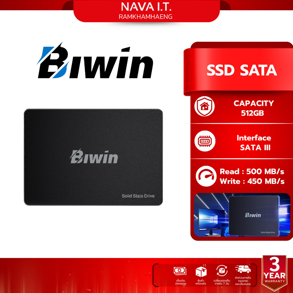 BIWIN M100 SSD SATA 3.0 เอสเอสดี 512GB SPEED 550MB/S 480MB/S (BM100NN512G-RGX) รับประกัน 3 ปี