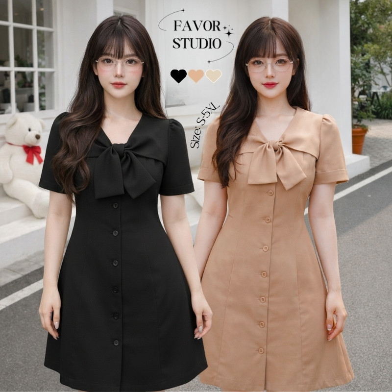 เติมสต๊อกแล้ว🥕【S-6XL】EVIOVIO✨  เดรสกระดุมหน้าพร้อมดีเทลโบว์สุดเก๋ ดีไซน์เรียบง่าย พรางหุ่นดี ชุดเดรสสาวอวบ จัดส่งในไทย🚚