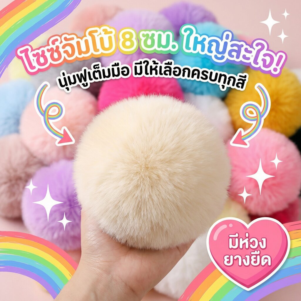 ลูกบอลขนปุย ขนมิ้งค์เทียม 8ซม. มีห่วงในตัว ใช้ทำพวงกุญแจ ที่ห้อยกระเป๋า นุ่มฟู หลายสี