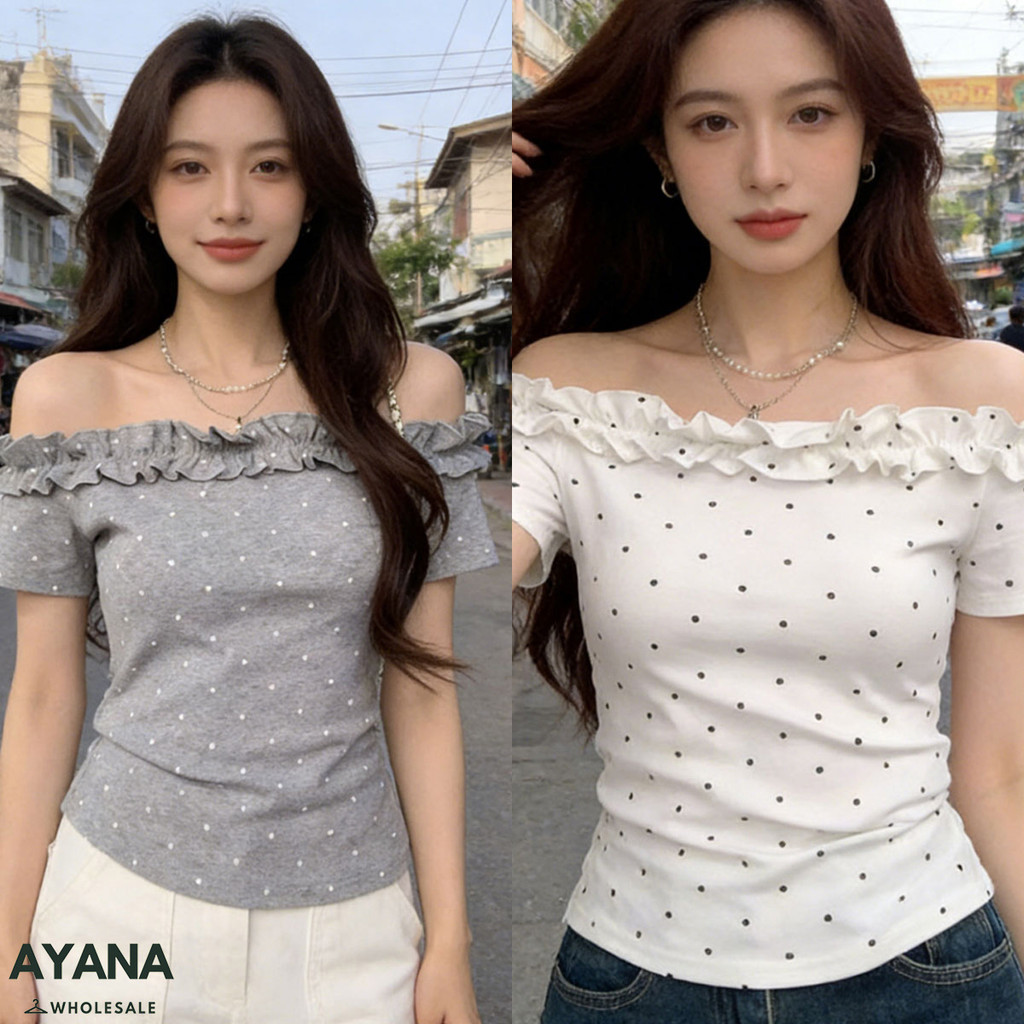 เสื้อยืดผู้หญิงลายจุด แขนสั้น เอวคอด ใส่แล้วดูหุ่นดี แฟชั่นหน้าร้อน