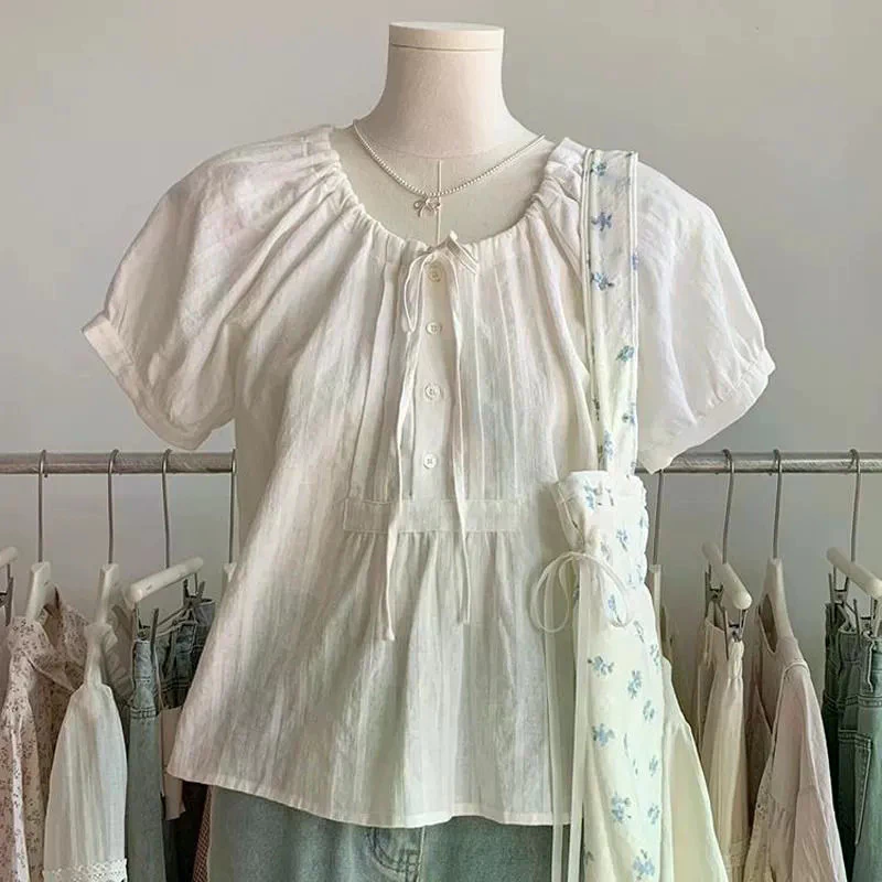 LINNA~Xเวอร์ชั่นเกาหลี คอกลม เชือกดึง เสื้อแขนสั้น เสื้อเชิ้ต รุ่นใหม่ สไตล์หวาน