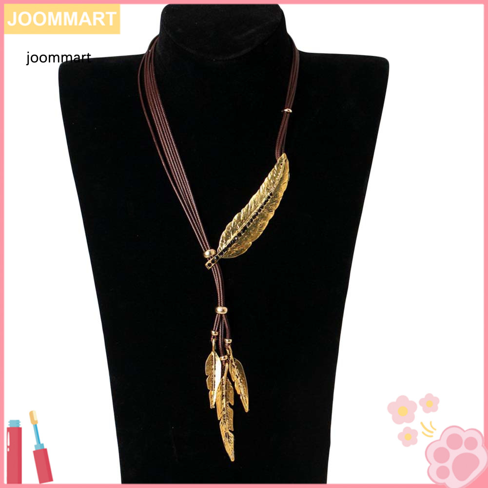 [Jm] Bohemian Women Rhinestone Feather Pendant Faux Leather Rope Necklace Jewelry