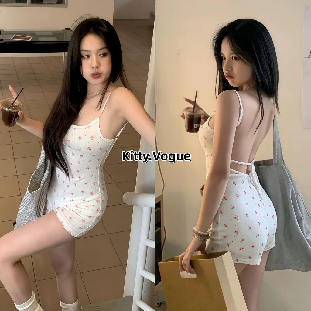 Kitty.Vogue ชุดจั๊มสูทสายเดี่ยวผู้หญิง ลายดอกไม้หวาน น่ารักรัดรูป สไตล์เกาหลีแบบลำลอง "FY9981"-0