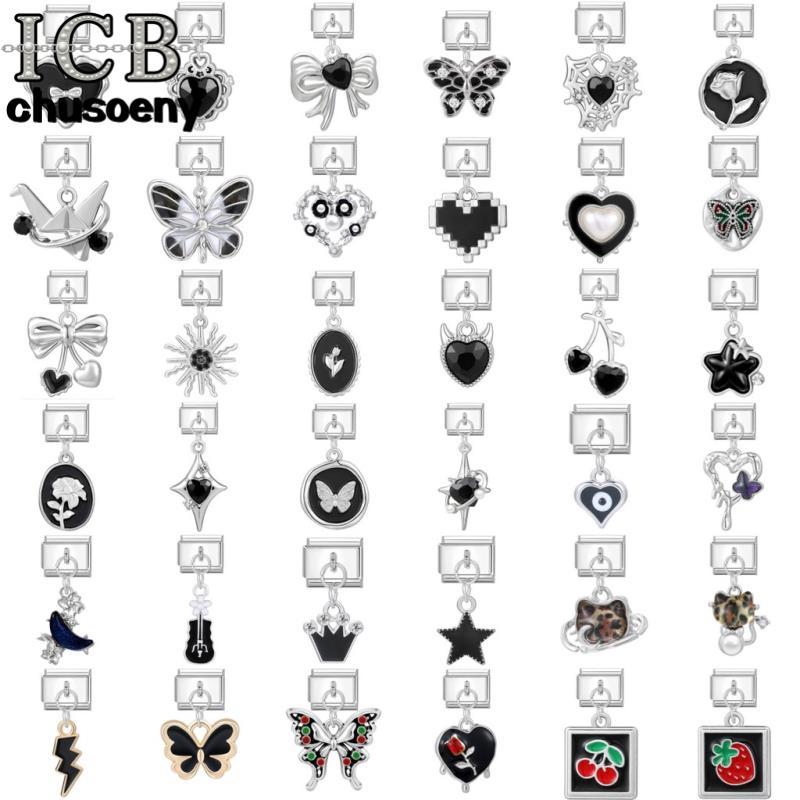 🖤ยอดนิยม Love Unicorn จี้สีดําหัวใจอิตาเลี่ยน Charm Links Fit 9 มม.สร้อยข้อมือสแตนเลสทําเครื่องประดับ