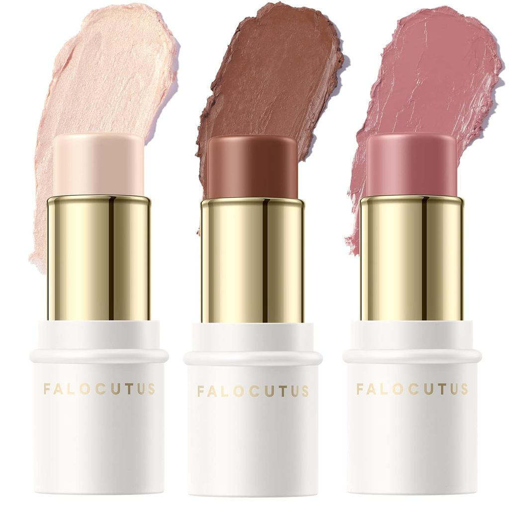 FALOCUTUS ชุด 3 ชิ้น Neutral Color Contour Stick Set, Blush และ High Gloss Bronze Color Pen, Durable