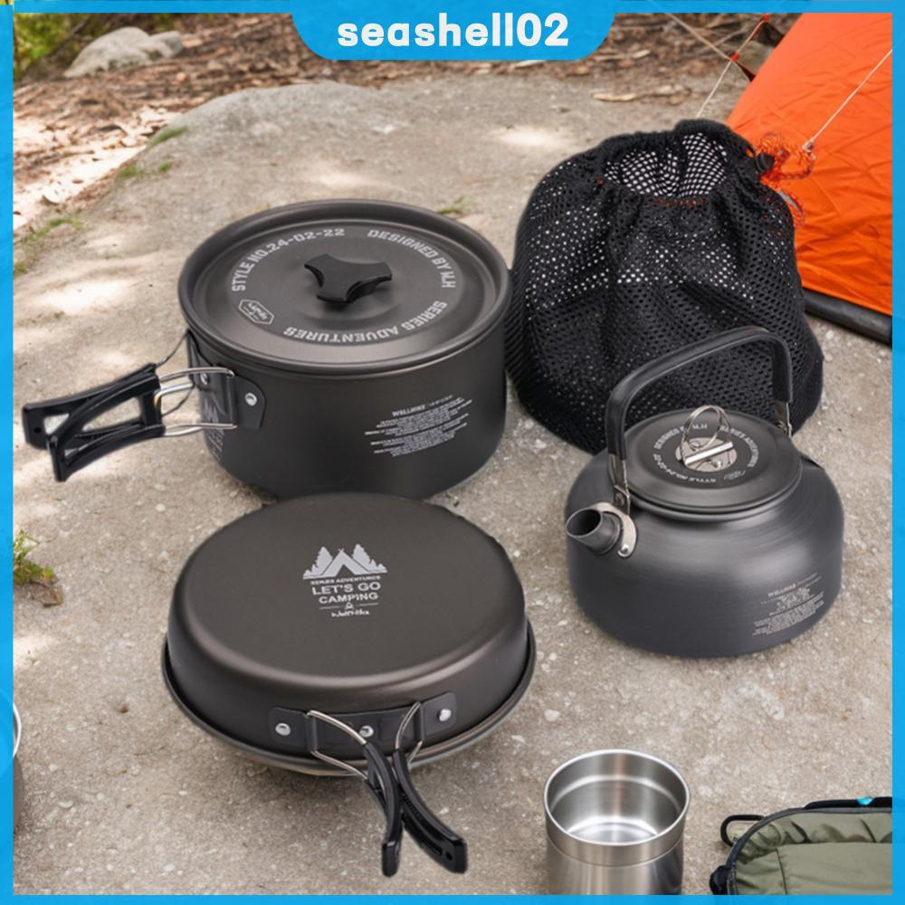 ⚡24ชม.⚡ 3 ชิ้น/เซ็ต Camping ชุดเครื่องครัวพร้อมกาต้มน้ําหม้อทําอาหารกลางแจ้งชุดเครื่องครัวน้ําหนักเบ