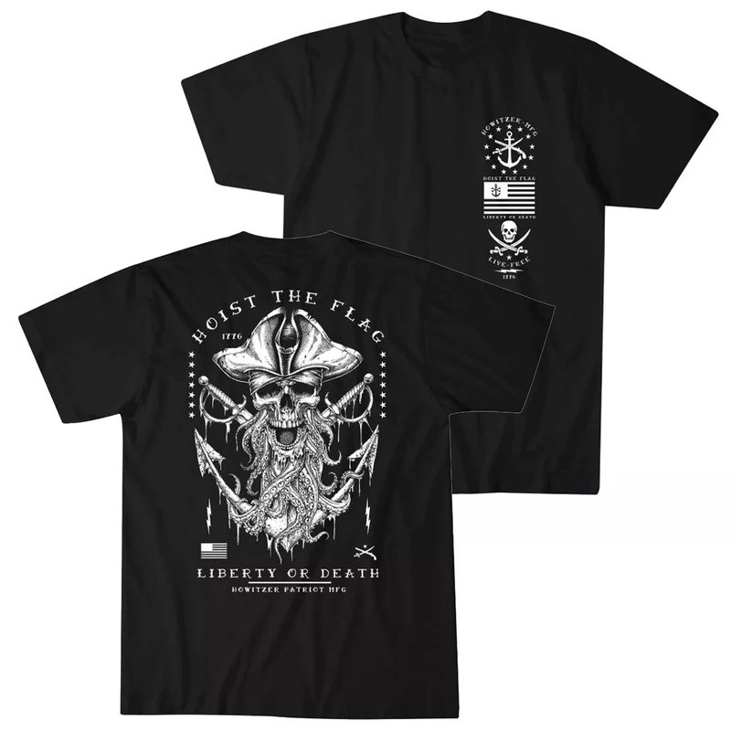 เสื้อยืดลายหัวกะโหลกกัปตันเรือรบวินเทจ Hoist The Flag Liberty or Death ผ้าฝ้าย 100% คอโอ แขนสั้น เสื