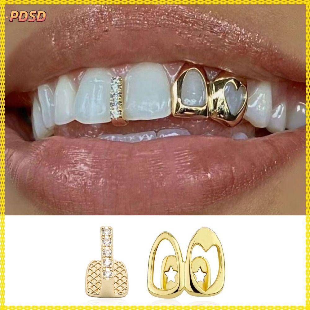 PINGD Grillz, ทองแดงเงา Hip Hop ฟัน Grillz, หัวใจคู่ Hollow Heart Gold สีฟันหมวกฟันเครื่องประดับ
