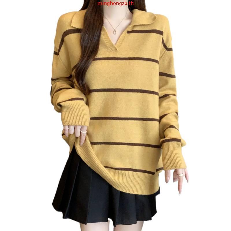 Withit long sleeve knit เสื้อไหมพรมลายทางคอปก - TPW09670