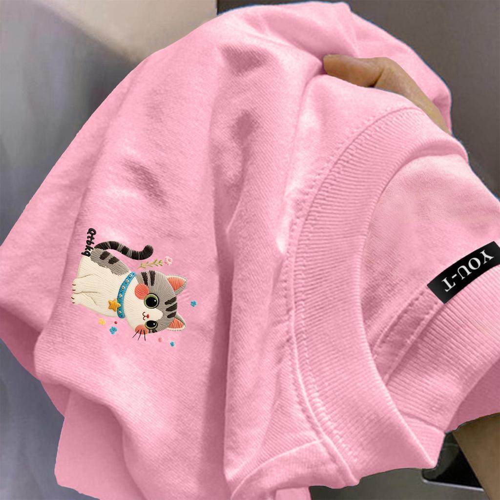 🌷ChillTee🌷เสื้อน่ารักoversize ผ้าCotton  คอกลม เสื้อแฟชั่น 'Embroidery CAT'  สบายและนุ่ม แขนสั้น ฤดูร้อน S-3XL