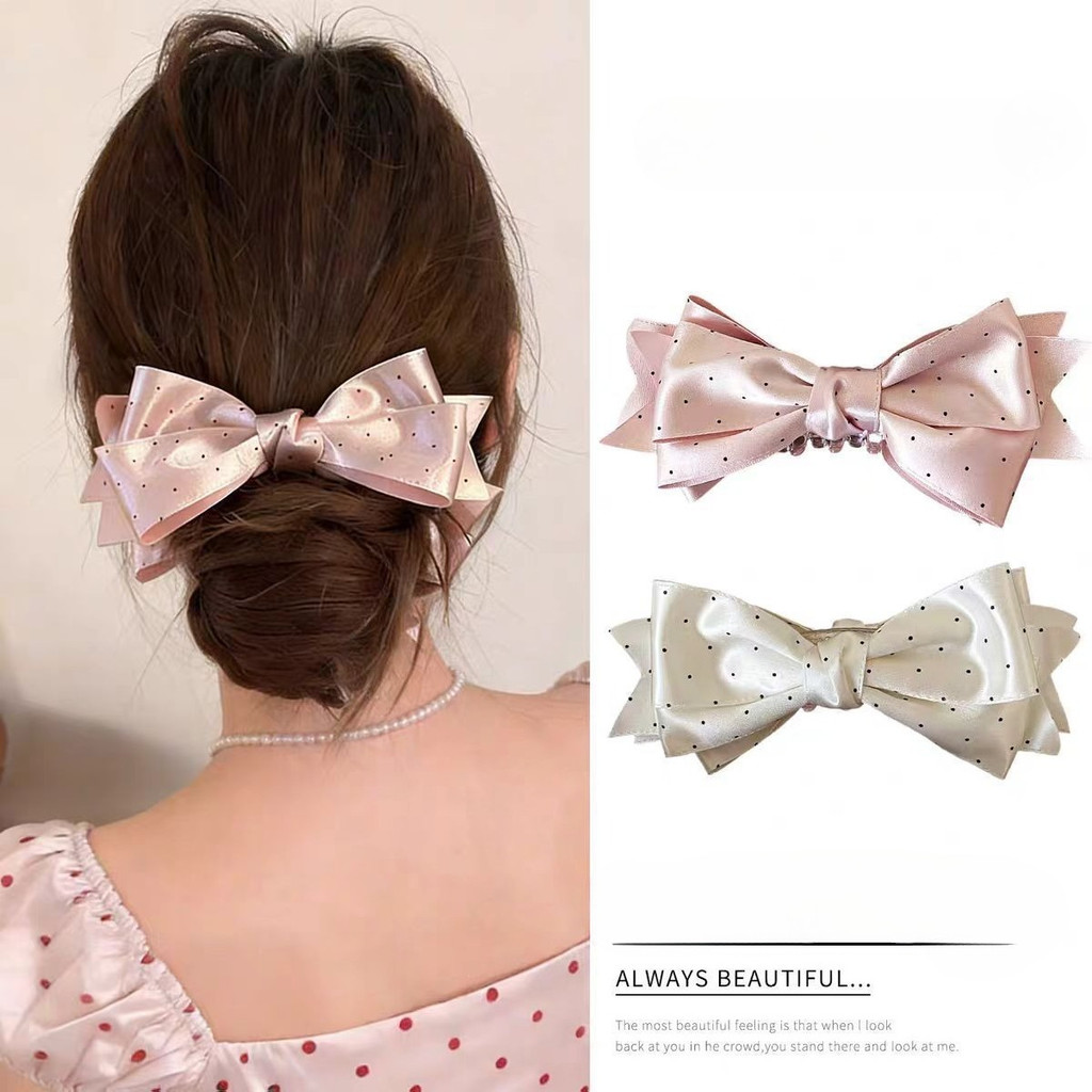 Polka Dot Bow สไตล์เกาหลีทันสมัย เครื่องประดับผมทรงหางม้าและคลิปสำหรับผู้หญิง