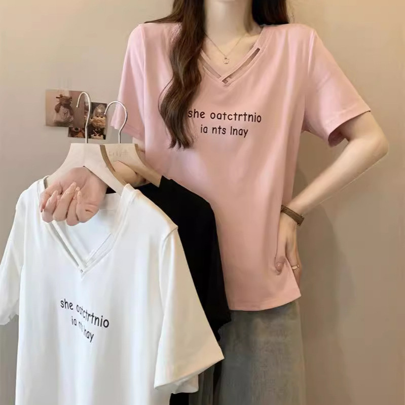 M-2XL PLUS ขนาดผู้หญิงฤดูร้อน PLUS ขนาดเสื้อแขนสั้น v คอแขนสั้นเสื้อยืดฤดูร้อนเกาหลี TOP 72IQ