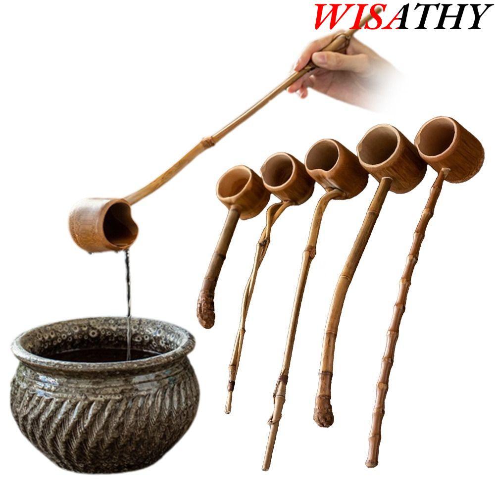 WISATHY ใส่ชา,ย้อนยุคไม้ไผ่วัสดุทัพพีน้ํา,แบบพกพาที่ทําด้วยมือด้ามยาวอุปกรณ์พิธีชงชาบ้านครัว