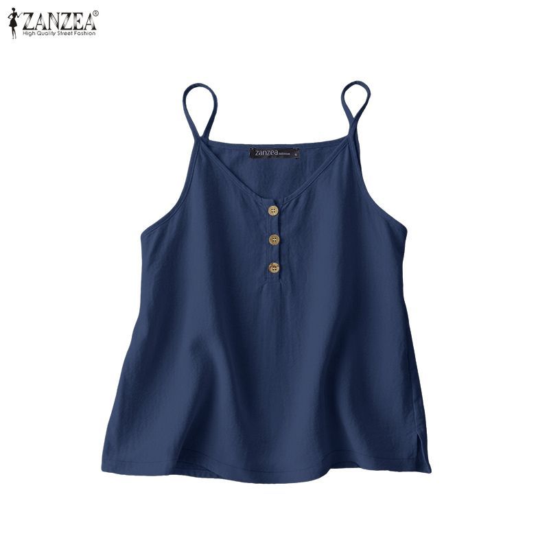 ZANZEA ผู้หญิงเกาหลีลําลองอเนกประสงค์ V คอครึ่งปุ่มผ้าฝ้ายผ้าลินินหลวม Camisole & Tube