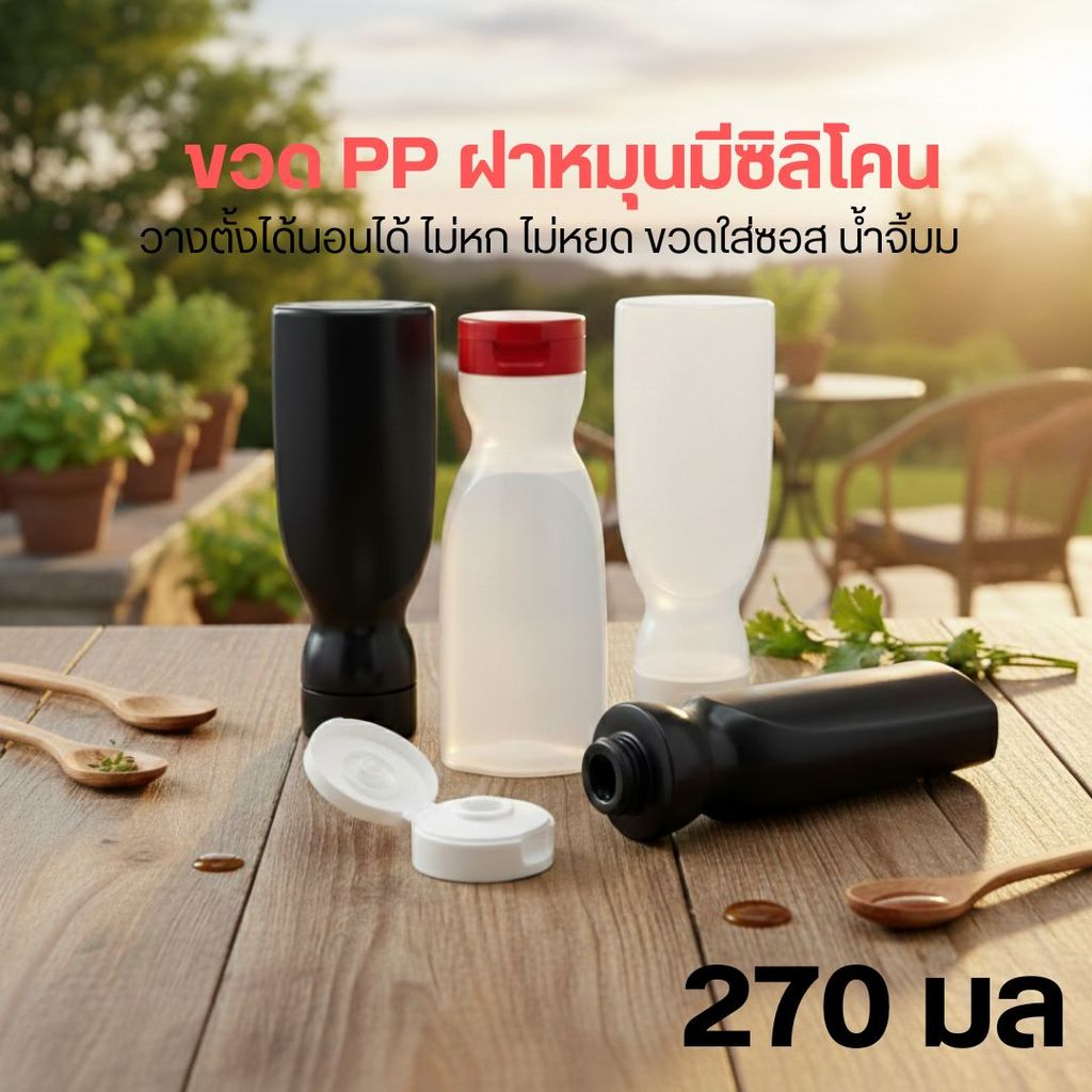 ขวด PP 270 มล ฝาหมุนมีซิลิโคน วางตั้งได้นอนได้ ไม่หก ไม่หยด ขวดใส่ซอส น้ำจิ้ม