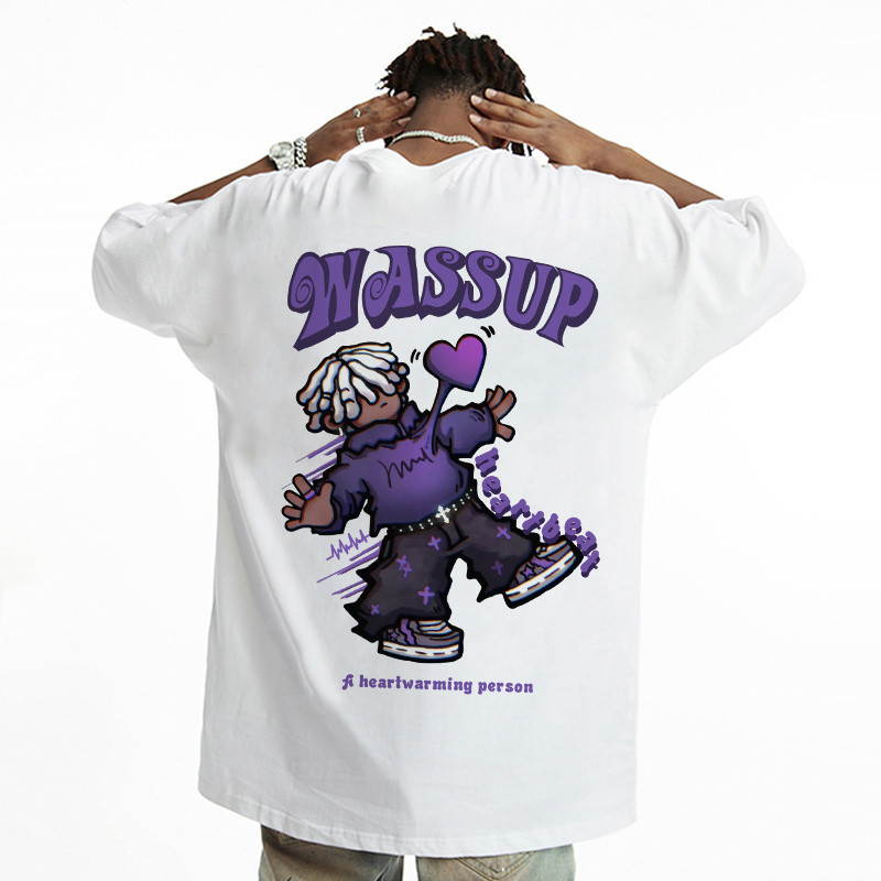 แฟชั่นAmerican Retro Hip-Hop Heartbeat Boy Printed Short-Sleeved T-shirt Men Style 2024 New Style Tr