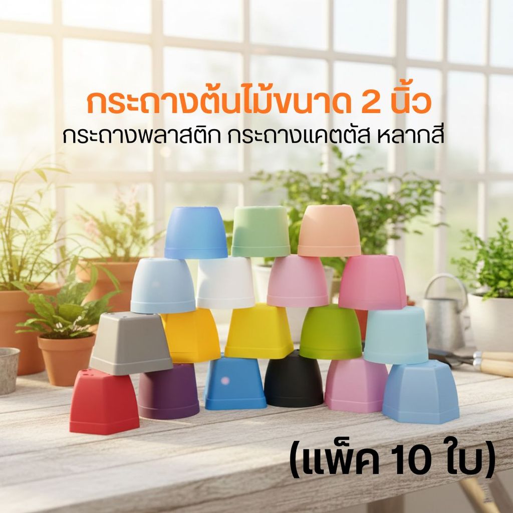 🌵P6 (แพ็ค 10 ใบ) กระถางต้นไม้ขนาด 2 นิ้ว กระถางพลาสติก กระถางแคตตัส หลากสี 🌵
