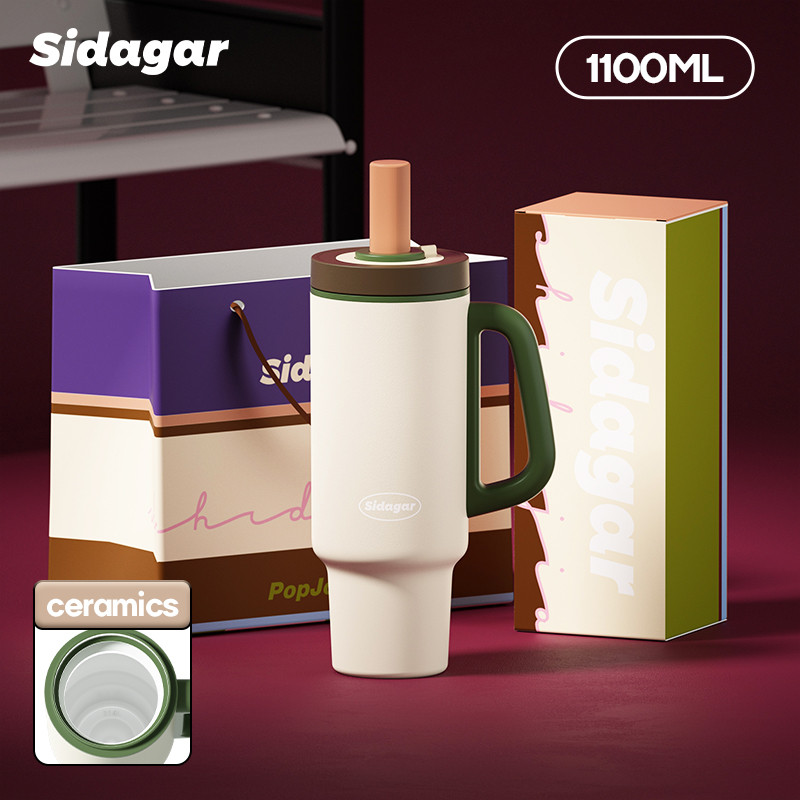 Sidagar แก้วเก็บความเย็น 1100มล เคลือบเซรามิก แก้วเก็บอุณหภูมิ ความจุขนาดใหญ่ แก้วน้ำเก็บความเย็น Sports Water Cup