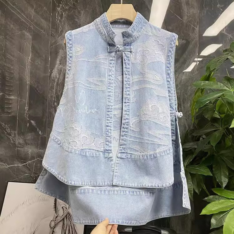 Retro Layered Denim Vest Jacket ผู้หญิง