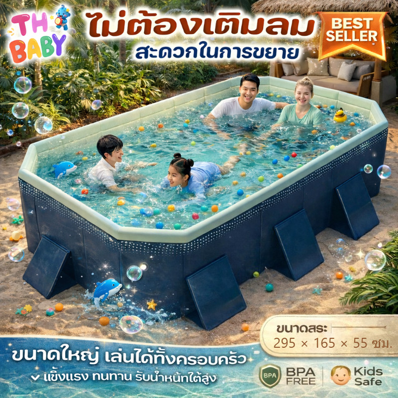 TH BABY COD สระว่ายน้ำครอบครัวพับได้ ไม่ต้องเป่าลม ขนาดใหญ่ วัสดุหนาพิเศษ เล่นได้ 8 คน ทนทาน