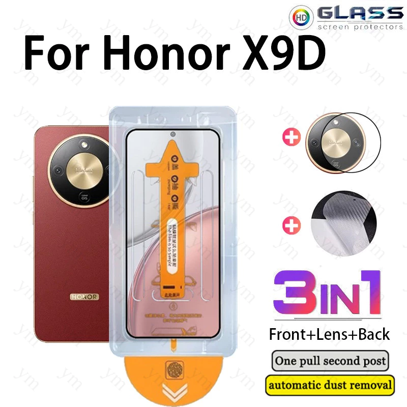 3 In 1 ฟิล์ม ฟิล์มกระจก Honor X9D HD One-คลิกกระจกนิรภัยป้องกันหน้าจอฟิล์มคาร์บอนไฟเบอร์สําหรับHonor X6B X6C X7C X7D 400 กล้องเลนส์Protector