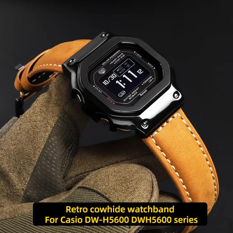 ดัดแปลง Retro cowhide สายนาฬิกาโลหะ watchcase ชุดสําหรับ Casio DW-H5600 DWH5600 40th Anniversary นาฬ
