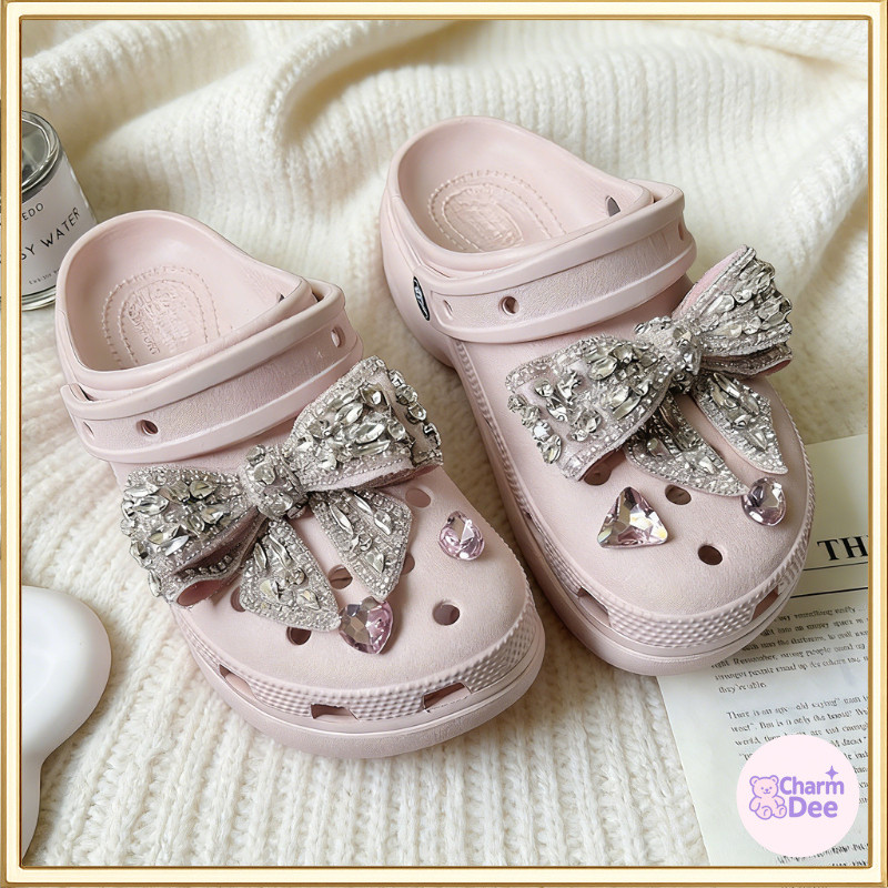 ชาร์มรองเท้าโบว์ใหญ่คริสตัลสีชมพู ชุด 6 ชิ้น | สไตล์ Cute Princess Kawaii สำหรับรองเท้าและกระเป๋า DIY